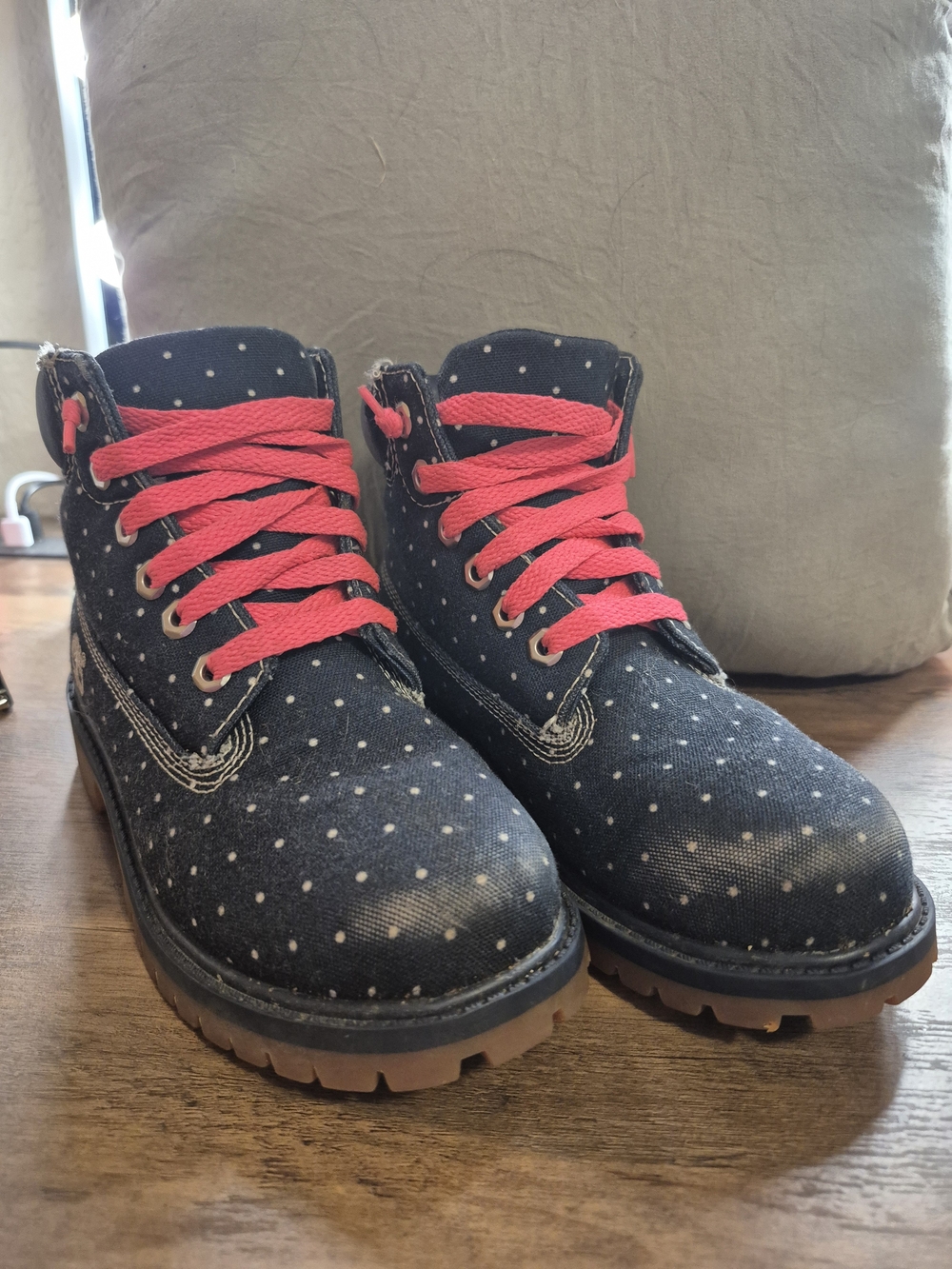 Kids Timberland Polka Dot Denim Boots with Bright Pink Laces